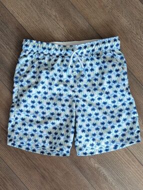 Boys White Swim Trunks with Blue Palm Print